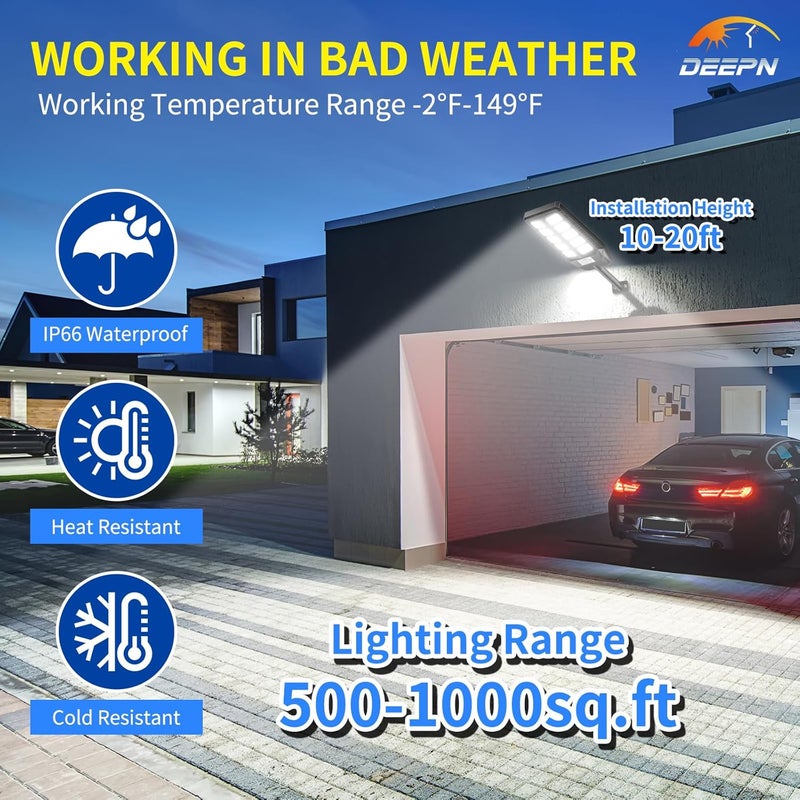 Deepn Solar Lights Outdoor, IP66 Waterproof Street Lights Outdoor, 6500K Dusk to Dawn Solar Security Flood Lights Motion Sensor with Remote Control for Yard, Entryway Garage, Porch 2 Pack - Image 3